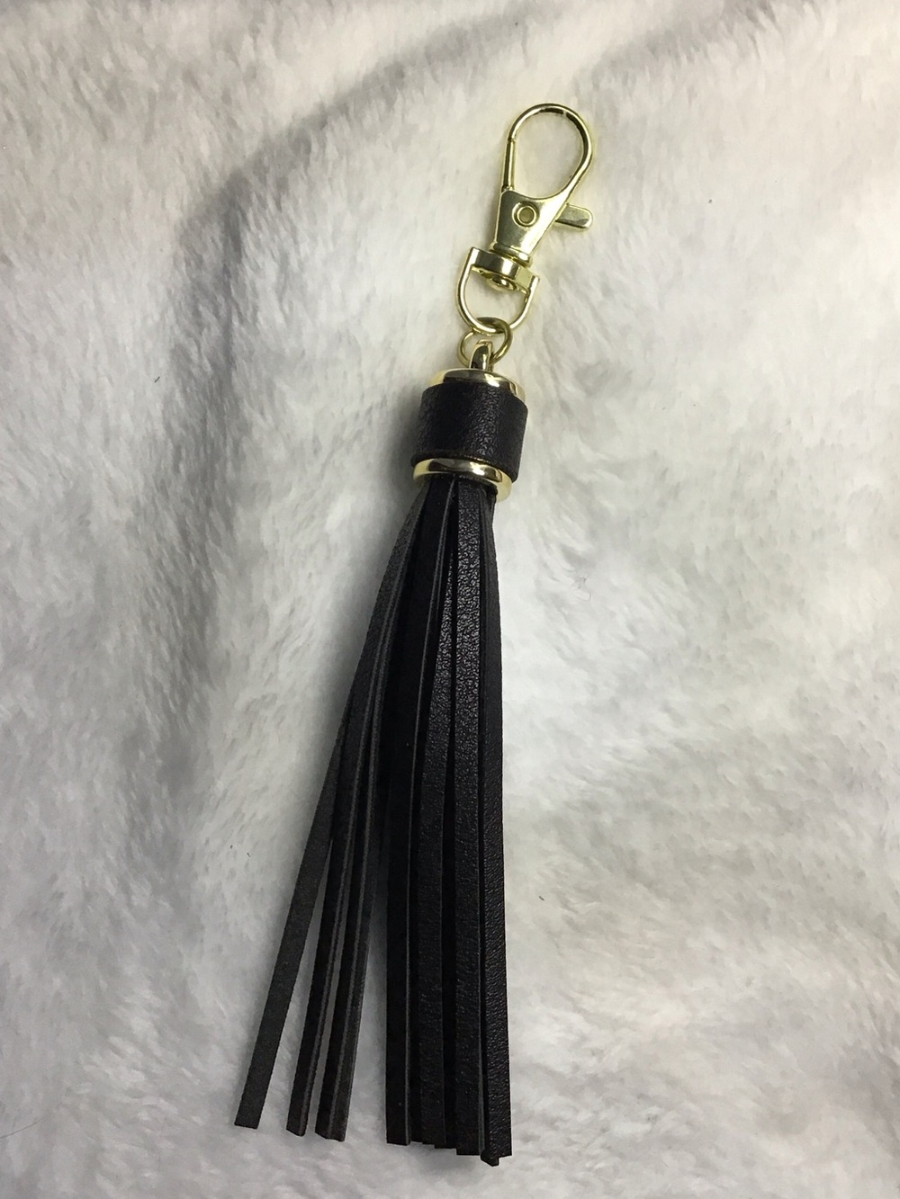 Black Leather Tassel Keychain with Gold Hardware